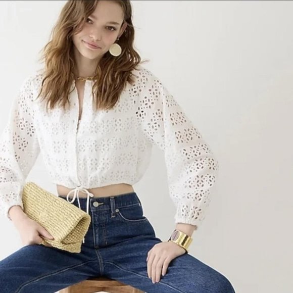 J.Crew Tops - J. Crew Long-Sleeve Linen Eyelet Crop Top Size Medium